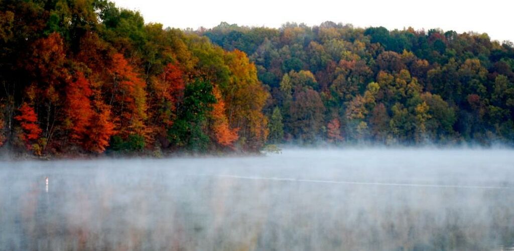 Fall view with a lake in front